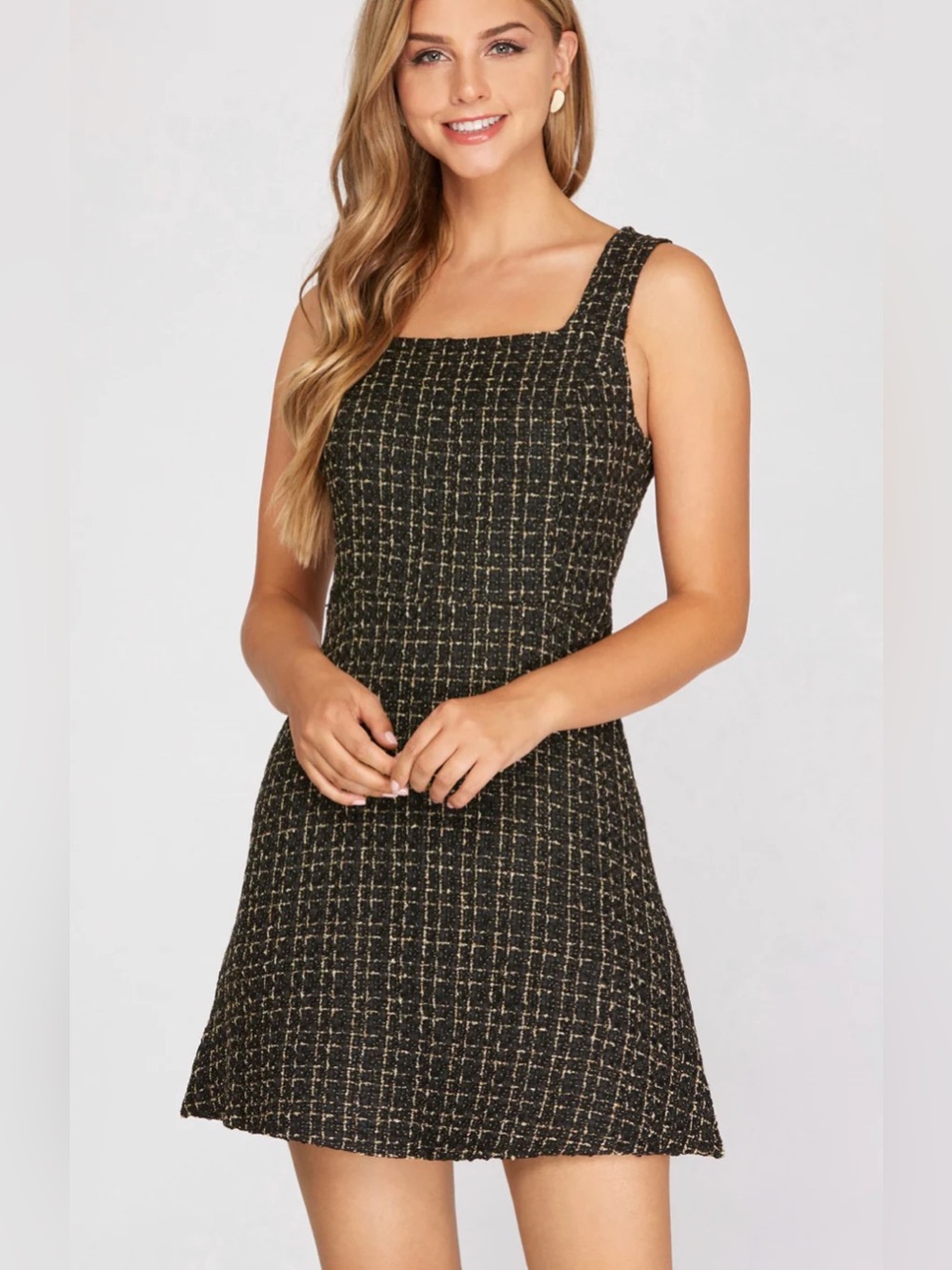 She + Sky Black and Gold Fit & Flare Tweed Square Neck A-Line Mini Dress